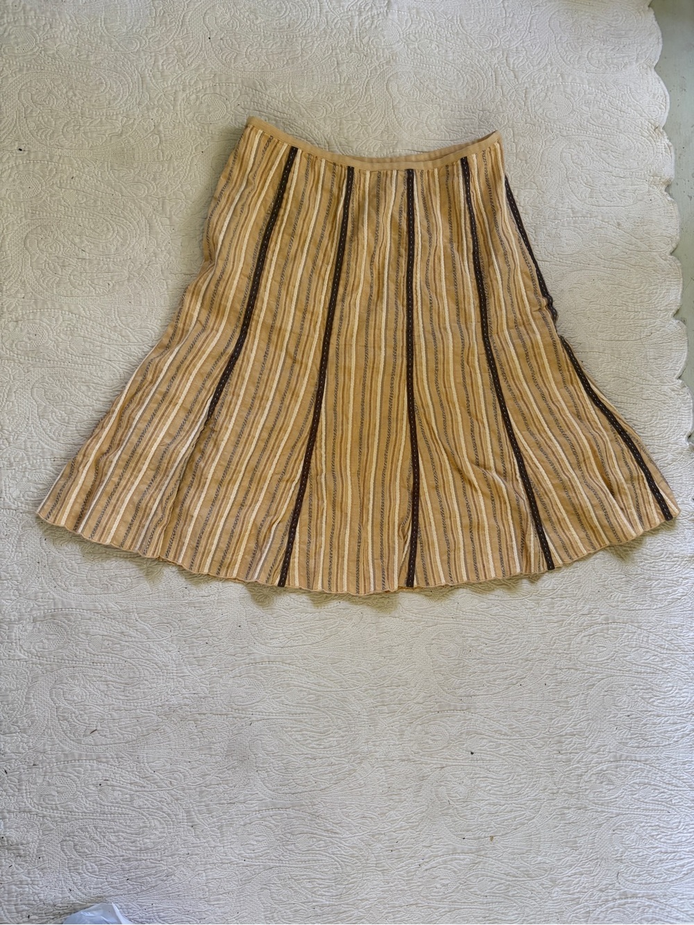 Nic + Zoe Women’s Striped A-Line Midi Skirt in yellow, beige & dark gray size 10